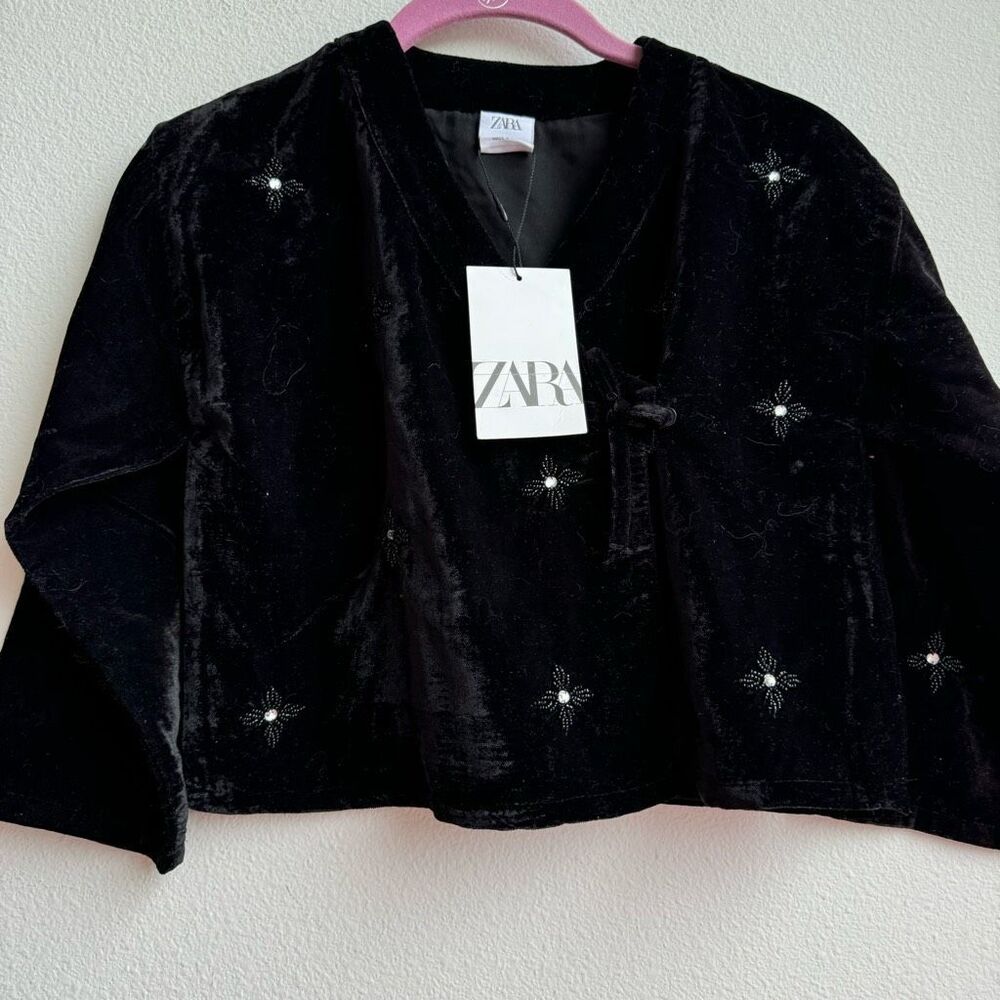 NWT Zara Embroidered Velvet Black Girls 6-7 years Floral Wrap Blouse kimono
